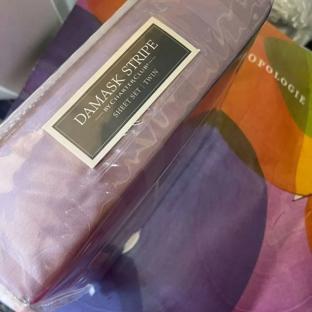 Charter Club Damask Stripe Sheet Set Pima Cotton Twin Purple NEW